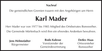 Traueranzeige von Karl Mader von Trauerportal Echo Online