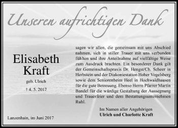 Traueranzeige von Elisabeth Kraft von VRM Trauer