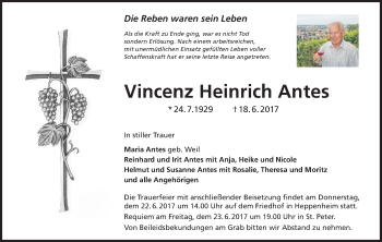 Traueranzeige von Vincenz Heinrich Antes von Trauerportal Echo Online