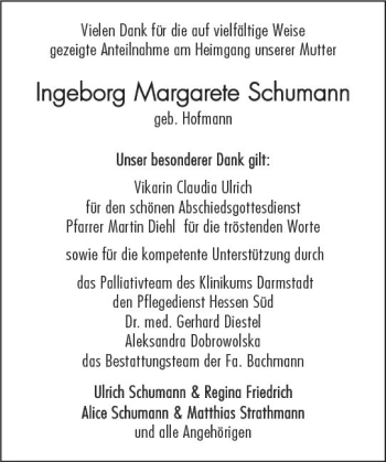 Traueranzeige von Ingeborg Margarete Schumann von Trauerportal Echo Online