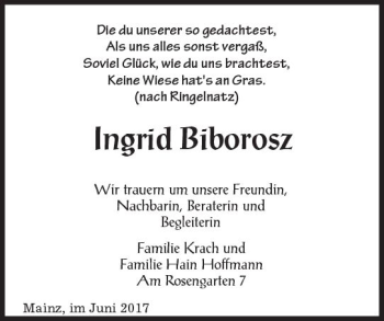 Traueranzeige von Ingrid Biborosz von Trauerportal Rhein Main Presse