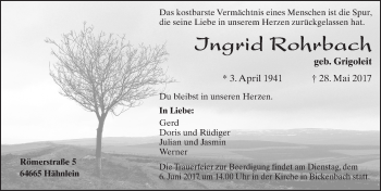 Traueranzeige von Ingrid Rohrbach von Trauerportal Echo Online