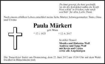 Traueranzeige von Paula Märkert von Trauerportal Rhein Main Presse