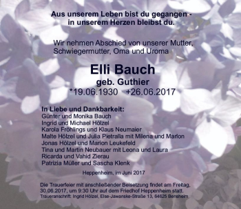 Traueranzeige von Elli Bauch von Trauerportal Echo Online
