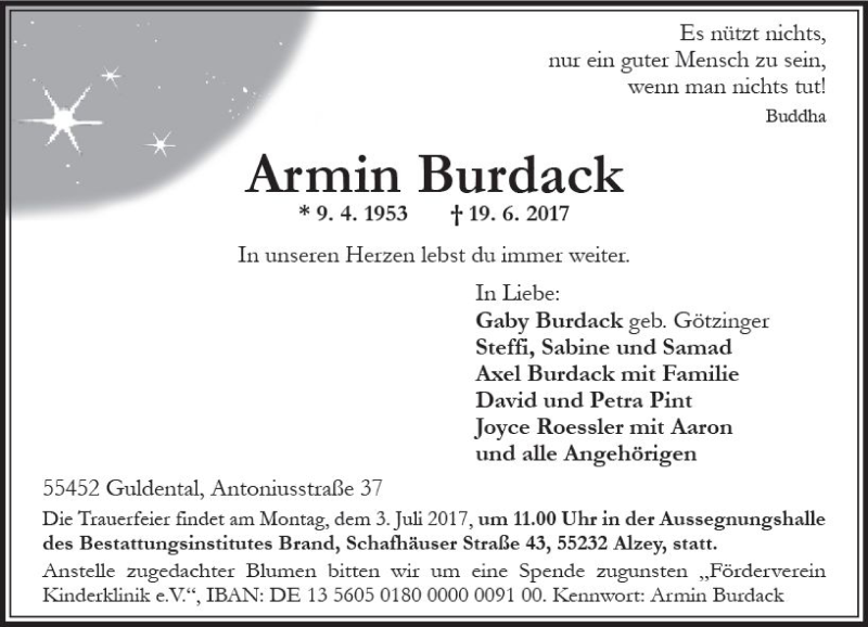  Traueranzeige für Armin Burdack vom 21.06.2017 aus Trauerportal Rhein Main Presse