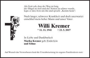 Traueranzeige von Willi Kremer von Trauerportal Rhein Main Presse