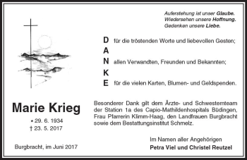 Traueranzeige von Marie Krieg von  Kreisanzeiger