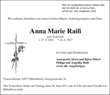 Traueranzeige von Anna Marie Raiß von Trauerportal Echo Online