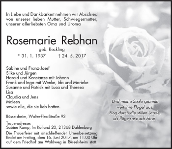 Traueranzeige von Rosemarie Rebhan von Trauerportal Rhein Main Presse