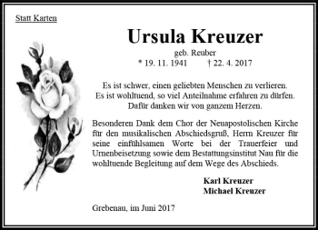 Traueranzeige von Ursula Kreuzer von VRM Trauer