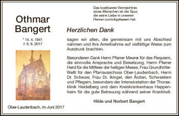 Traueranzeige von Othmar Bangert von Trauerportal Echo Online