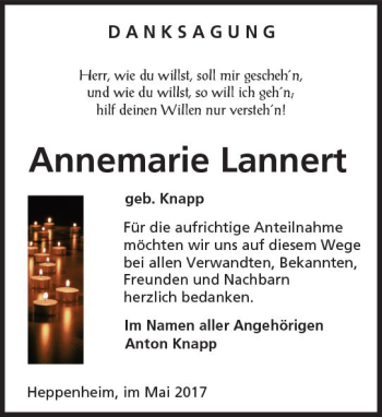 Traueranzeige von Annemarie Lannert von Trauerportal Rhein Main Presse