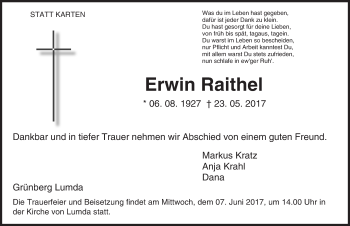 Traueranzeige von Erwin Raithel von  Gießener Anzeiger