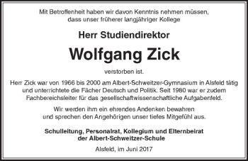 Traueranzeige von Wolfgang Zick von VRM Trauer