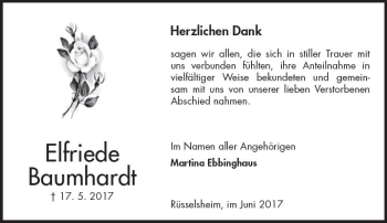 Traueranzeige von Elfriede Baumhardt von Trauerportal Rhein Main Presse