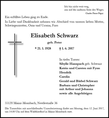 Traueranzeige von Elisabeth Schwarz von Trauerportal Rhein Main Presse