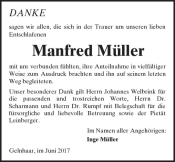 Traueranzeige von Manfred Müller von  Kreisanzeiger