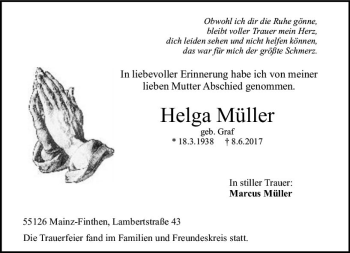 Traueranzeige von Helga Müller von Trauerportal Rhein Main Presse