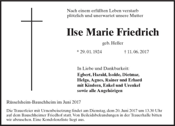 Traueranzeige von Ilse Marie Friedrich von Trauerportal Rhein Main Presse