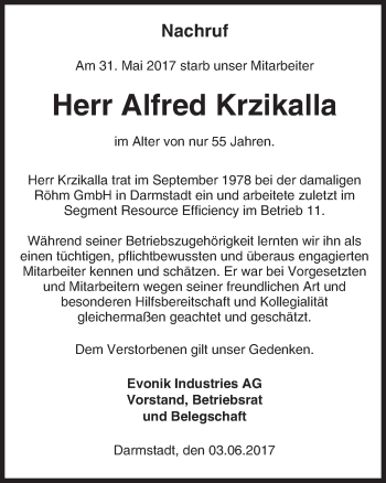 Traueranzeige von Alfred Krzikalla von Trauerportal Echo Online