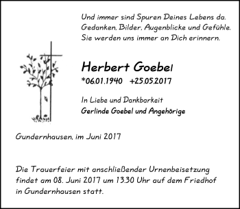 Traueranzeige von Herbert Dabei von Trauerportal Echo Online