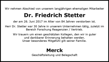 Traueranzeige von Friedrich Stetter von Trauerportal Echo Online
