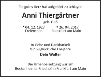 Traueranzeige von Anni Thiergärtner von  Gießener Anzeiger