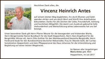 Traueranzeige von Vincenz Heinrich Antes von Trauerportal Echo Online