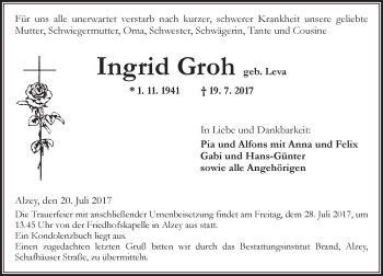 Traueranzeige von Ingrid Groh von Trauerportal Rhein Main Presse