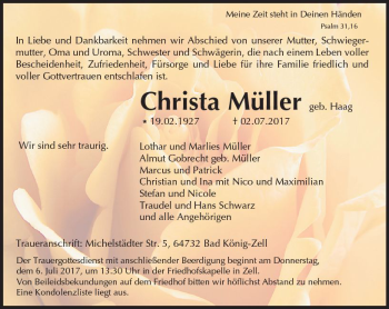 Traueranzeige von Christa Müller von Trauerportal Echo Online