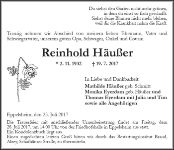 Traueranzeige von Reinhold Häußer von Trauerportal Rhein Main Presse