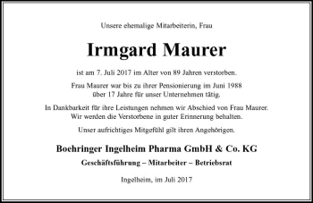 Traueranzeige von Irmgard Maurer von Trauerportal Rhein Main Presse
