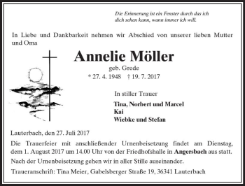 Traueranzeige von Annelie Möller von VRM Trauer