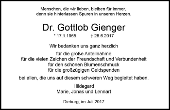 Traueranzeige von Gottlob Gienger von Trauerportal Echo Online