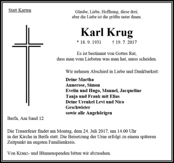 Traueranzeige von Karl Krug von VRM Trauer