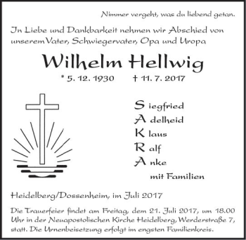 Traueranzeige von Wilhelm Hellwig von Trauerportal Rhein Main Presse