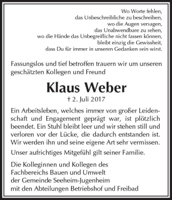 Traueranzeige von Klaus Weber von Trauerportal Echo Online