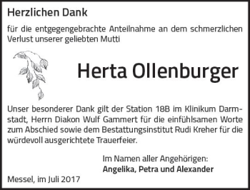Traueranzeige von Herta Ollenburger von Trauerportal Echo Online