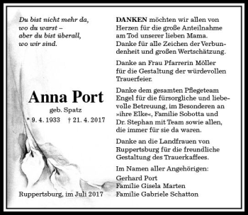 Traueranzeige von Anna Port von  Gießener Anzeiger