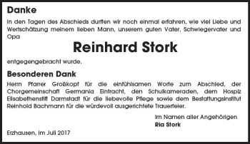 Traueranzeige von Reinhard Stork von Trauerportal Echo Online