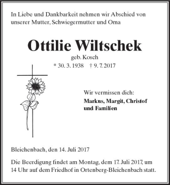 Traueranzeige von Ottilie Wiltschek von  Kreisanzeiger