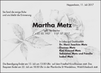 Traueranzeige von Martha Metz von Trauerportal Echo Online