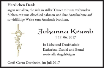 Traueranzeige von Johanna Krumb von Trauerportal Echo Online