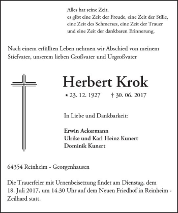 Traueranzeige von Herbert Krok von Trauerportal Echo Online