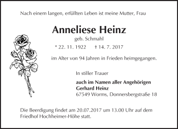 Traueranzeige von Anneliese Heinz von Trauerportal Rhein Main Presse