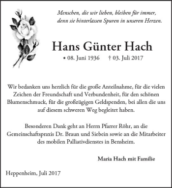 Traueranzeige von Hans Günter Hach von Trauerportal Echo Online