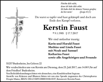 Traueranzeige von Kerstin Faust von Trauerportal Rhein Main Presse