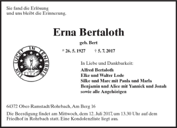 Traueranzeige von Erna Bertaloth von Trauerportal Echo Online