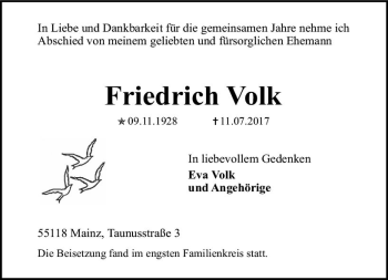 Traueranzeige von Friedrich Volk von Trauerportal Rhein Main Presse