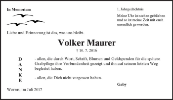Traueranzeige von Volker Maurer von Trauerportal Rhein Main Presse